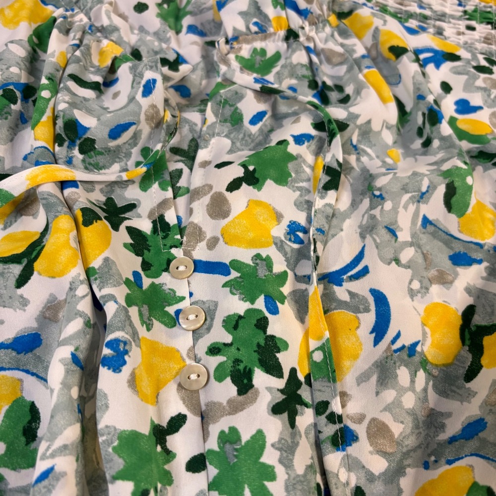 Entro Floral Smocked Waist Mini Dress Yellow Green Blue Abstract D20352 Large - Picture 4 of 12